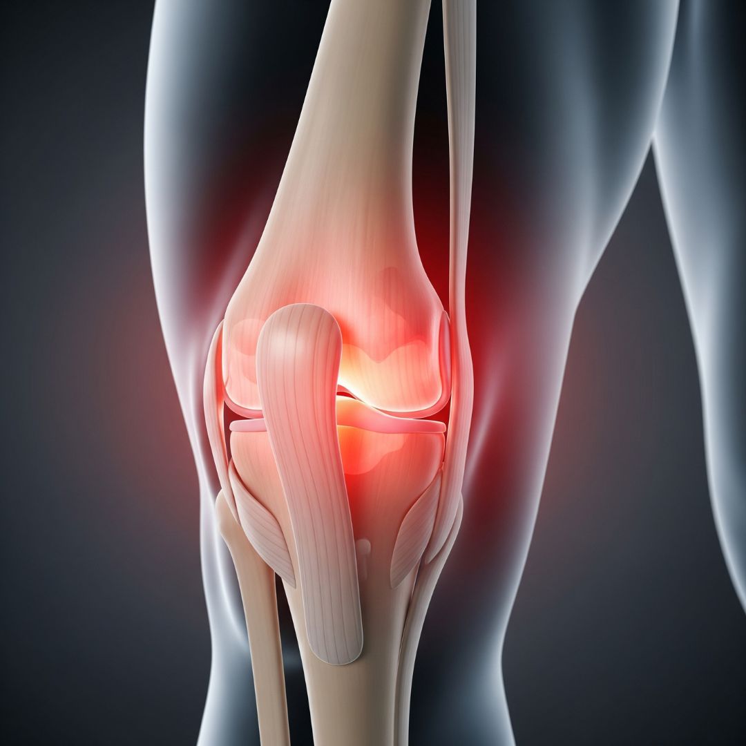 A medical illustration of a knee joint highlighted in red to show chronic inflammation.