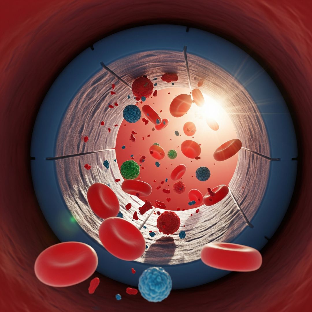 A close-up of a medical filter trapping cellular debris from blood, demonstrating EBOO's filtration.