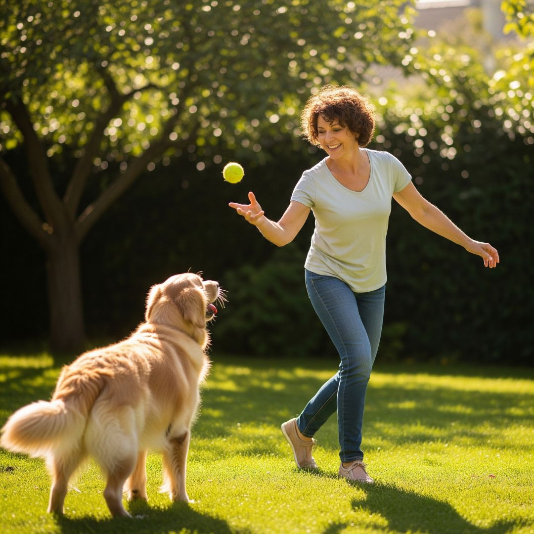 A person moving freely and energetically while playing with a dog, representing a life free from chronic pain.