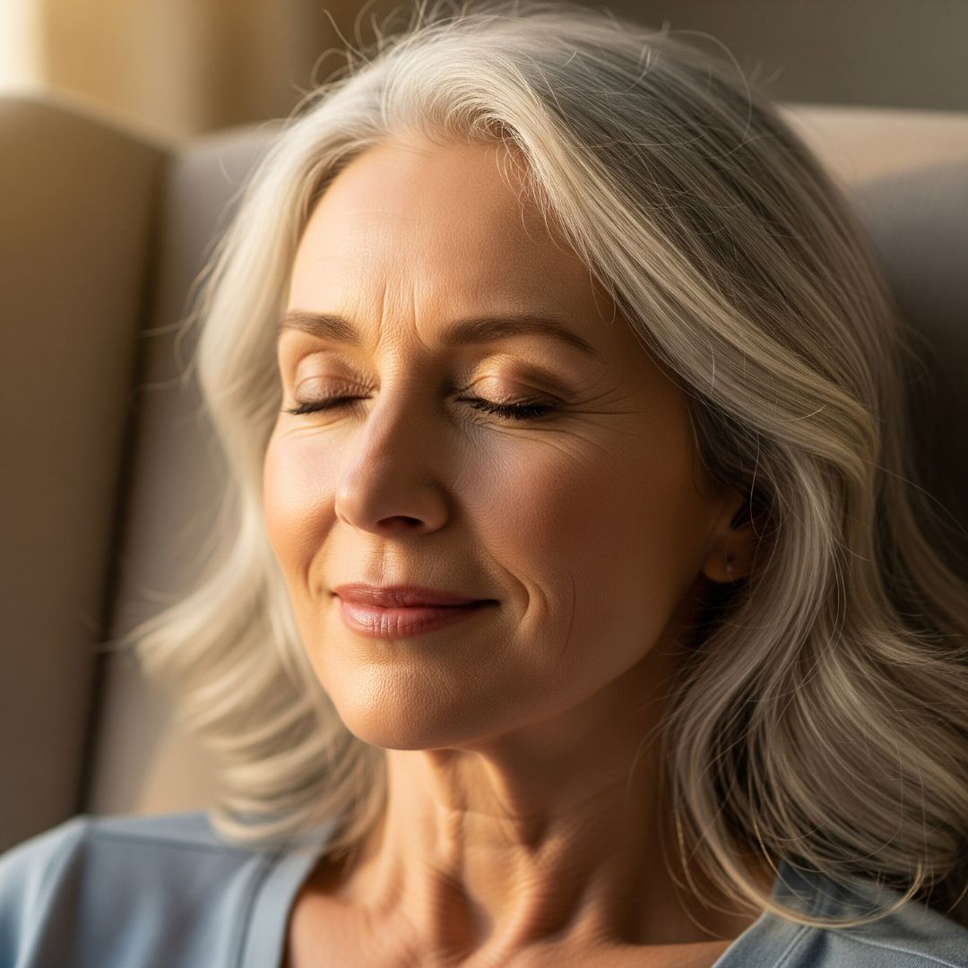 A person with a deeply content and peaceful expression, representing total body wellness from the inside out.