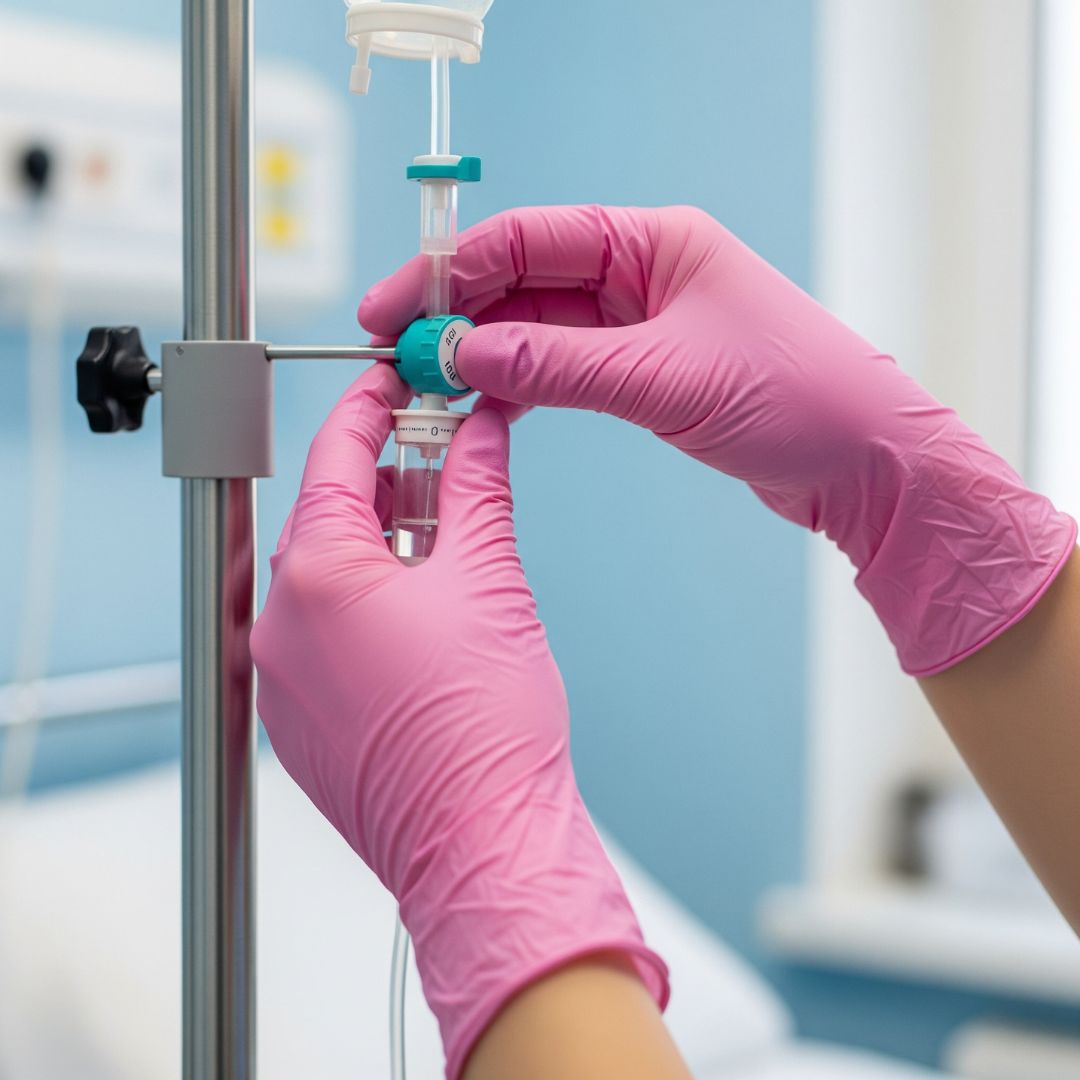 A medical professional's hands adjusting an IV drip, representing standard ozone therapy.