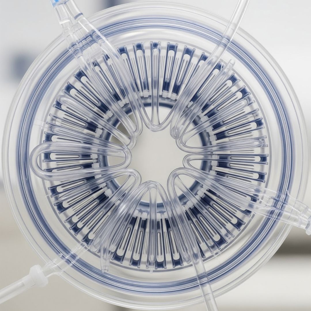 A close-up photograph of the high-tech dialyzer filter used in EBOO therapy.