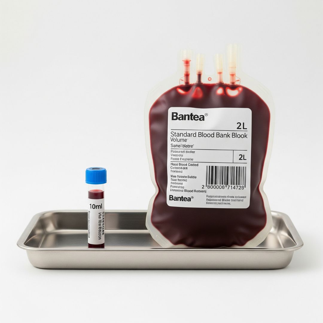 A photo comparing the small volume of a blood vial to the large volume of a blood bank bag, symbolizing the difference between MAH and EBOO.
