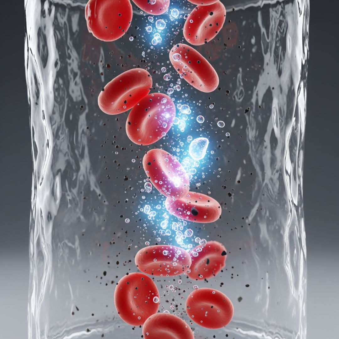 An artistic rendering of a blood vessel cross-section showing the dual action of filtration and ozonation on red blood cells.