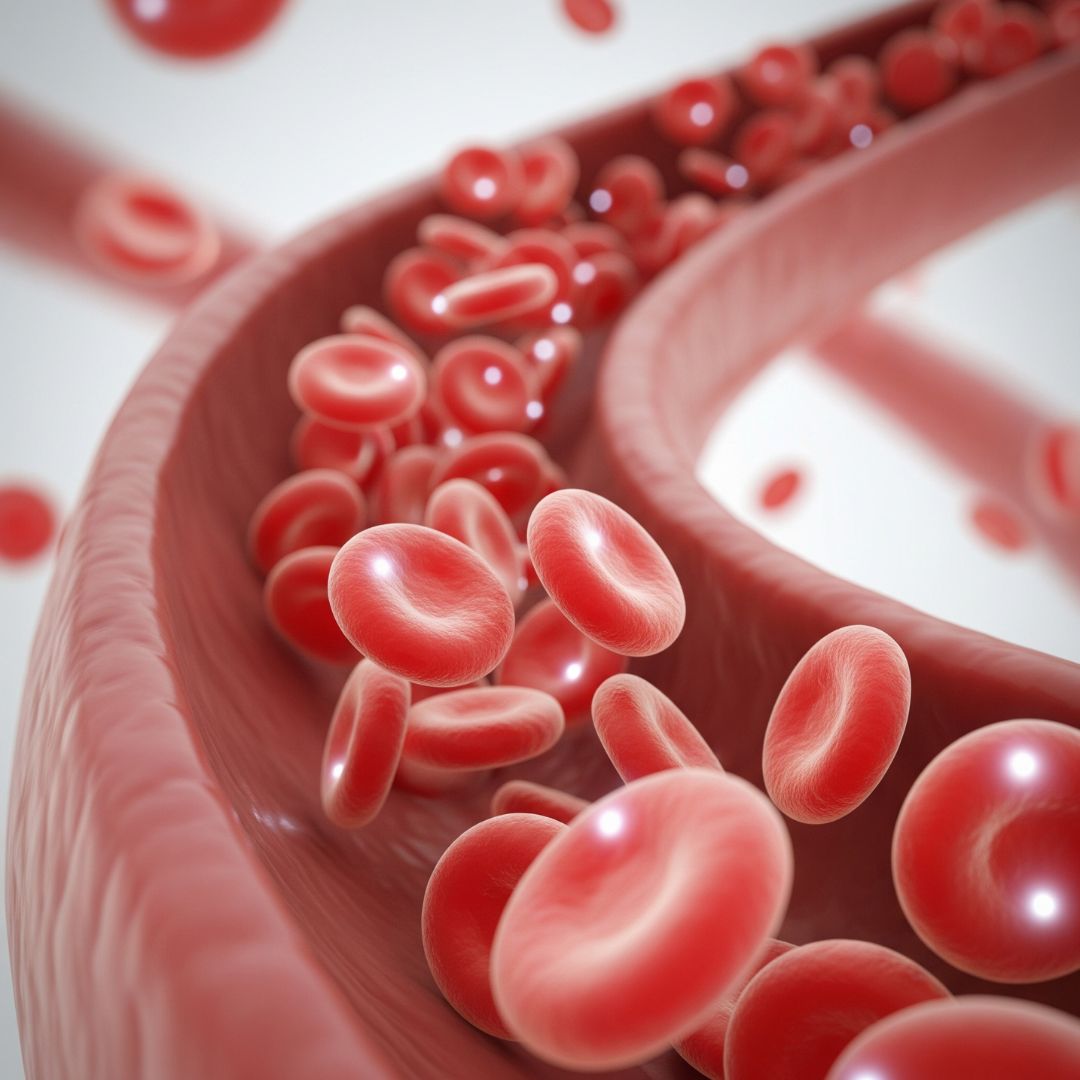 A microscopic view of healthy, oxygenated red blood cells flowing smoothly.
