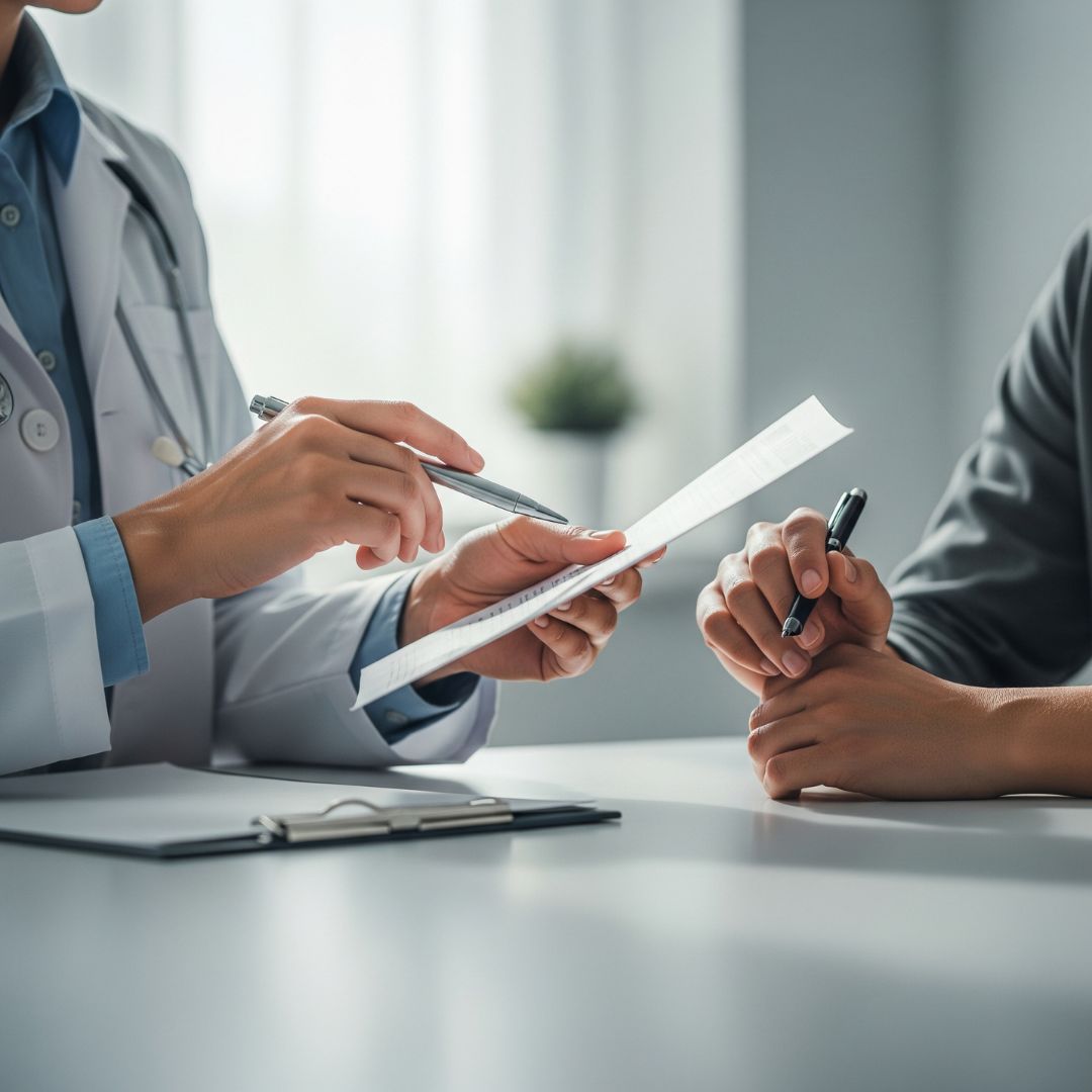 A compassionate doctor reviewing a treatment plan with a patient in a clinical setting.