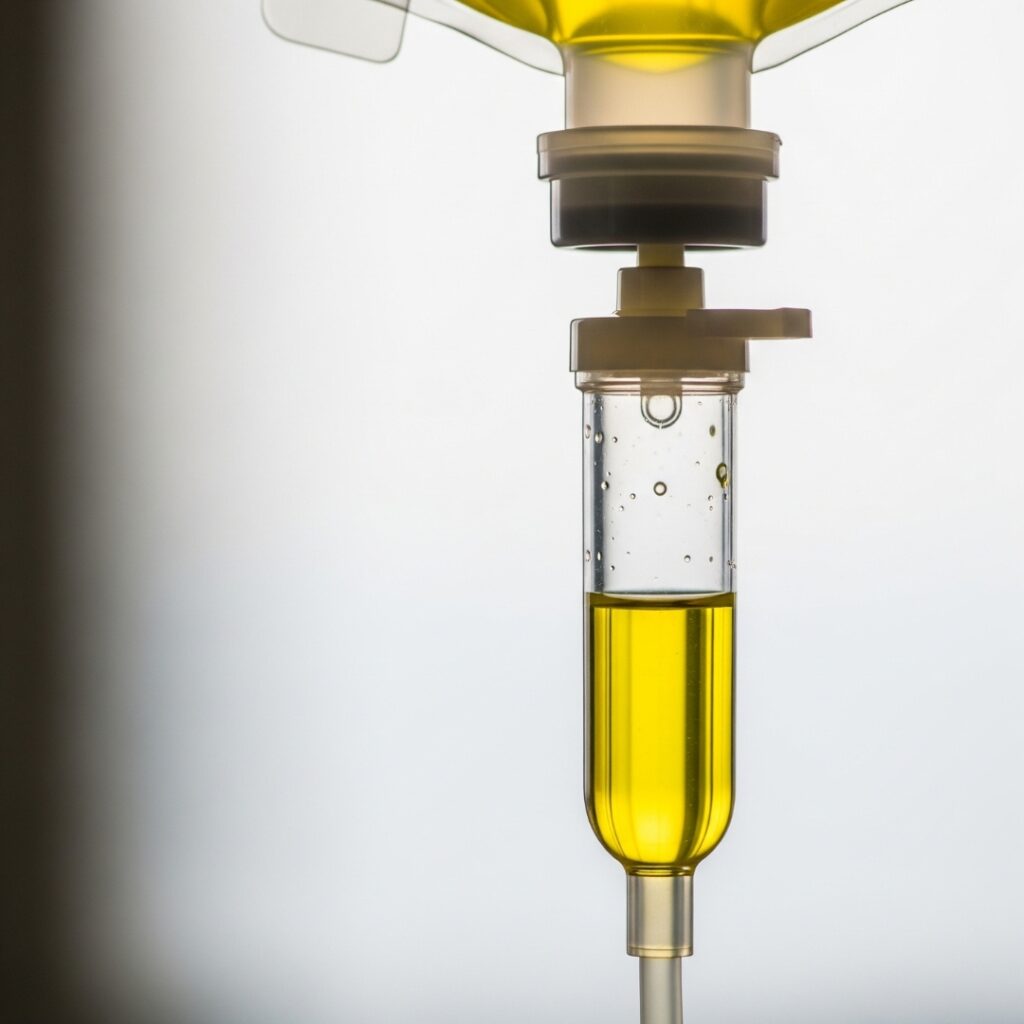 Close-up of an IV drip bag containing a yellow vitamin solution.
