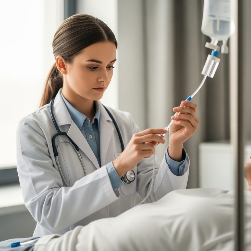 A medical professional gently preparing an IV line for a patient.