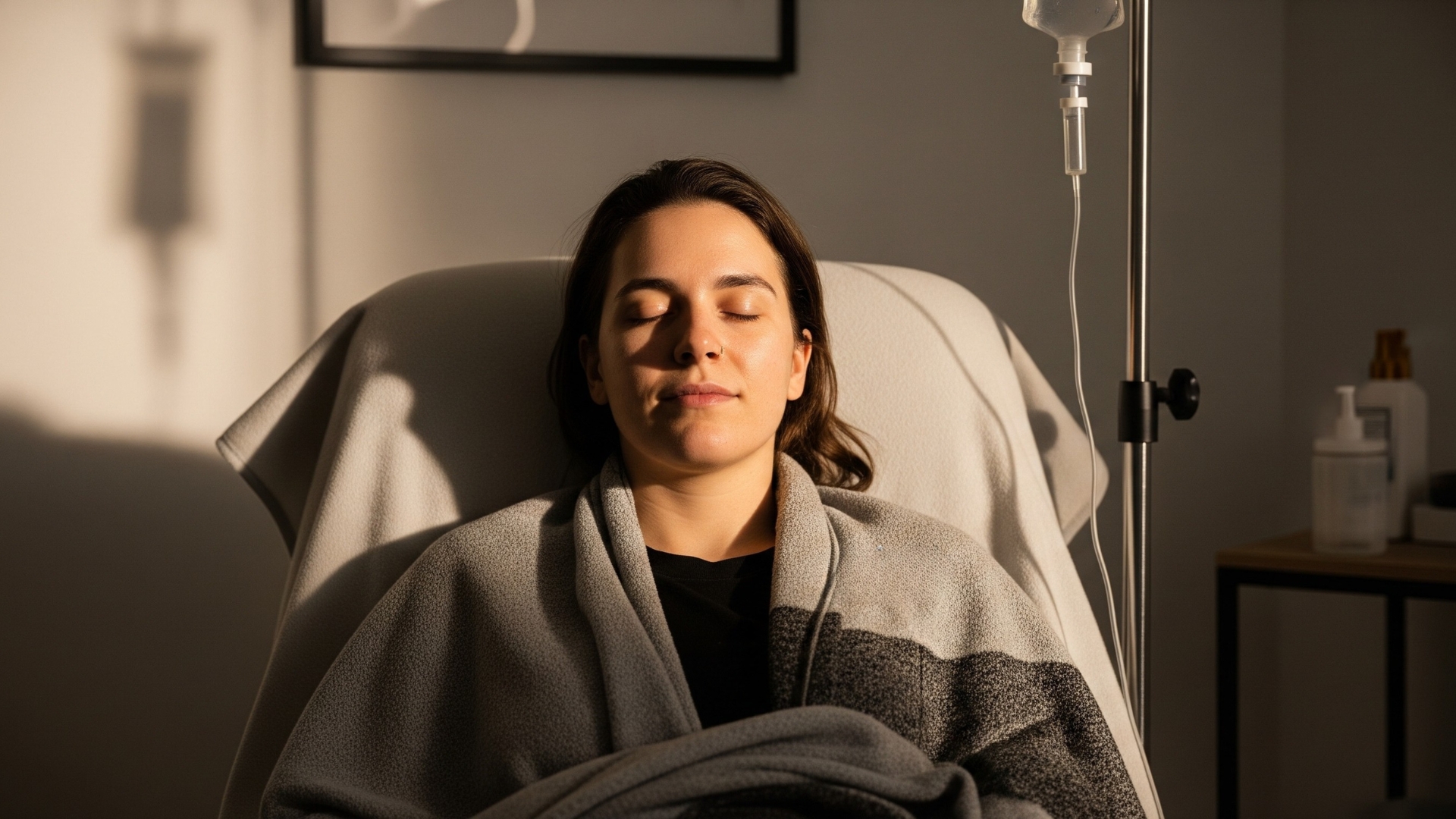 A person comfortably receiving IV therapy, suggesting relief from migraine symptoms.