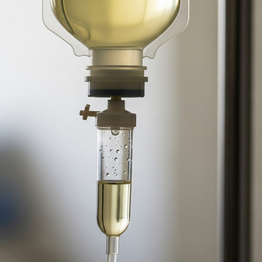 Close-up of an IV drip bag, showing nourishing fluid.
