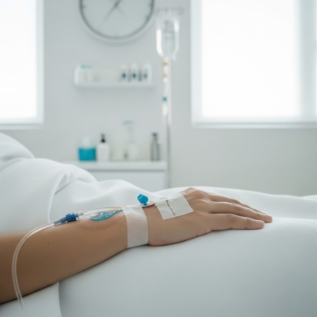 A person's hand with an IV line, conveying relaxation in a clinic.