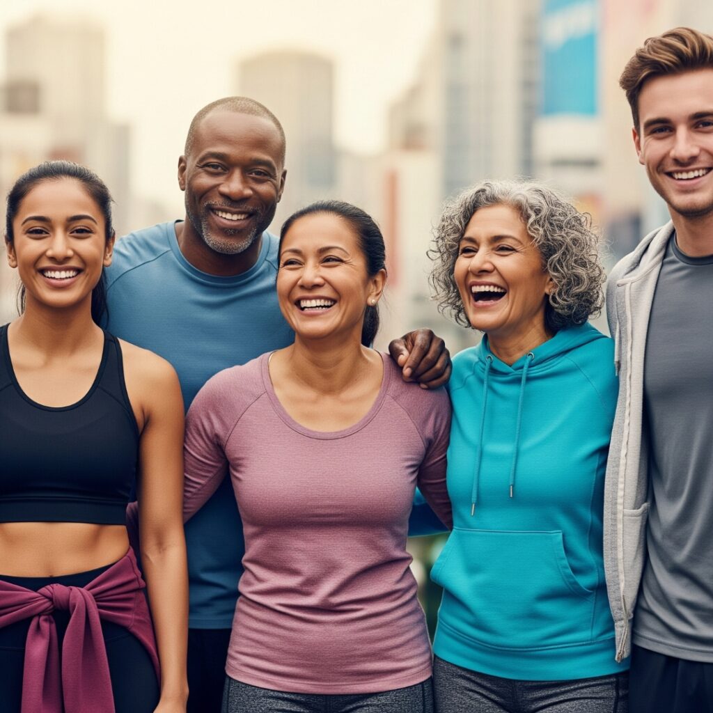 Diverse group of healthy, smiling people representing overall wellness.