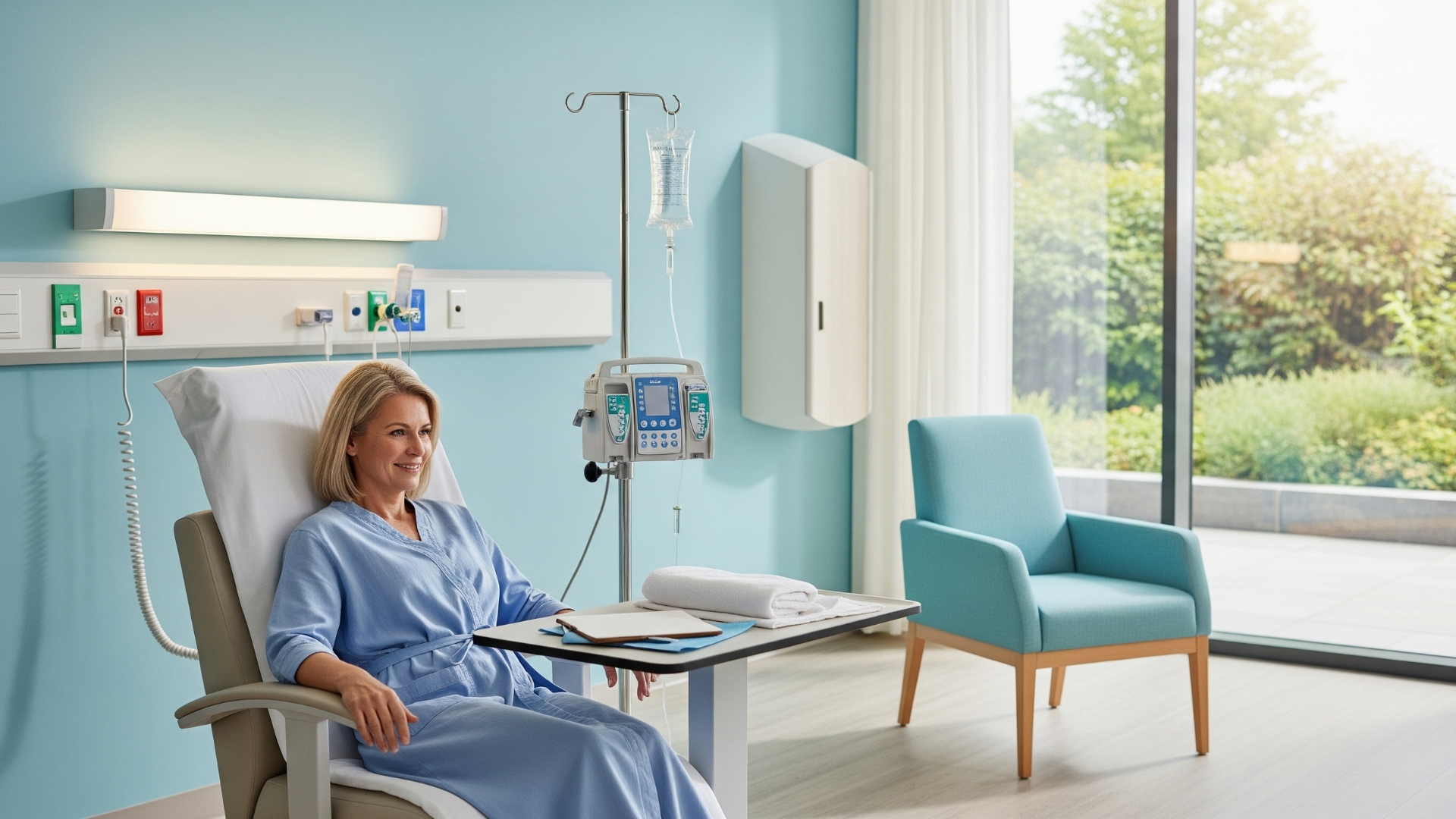 A happy and calm person receiving an IV infusion, symbolizing mental well-being.