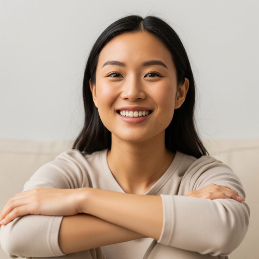 Portrait of a smiling young woman with clear skin, symbolizing well-being and health.