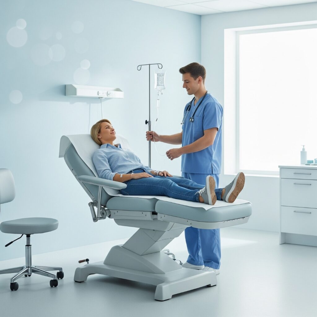 Patient receiving an IV drip in a modern, clean clinic setting.