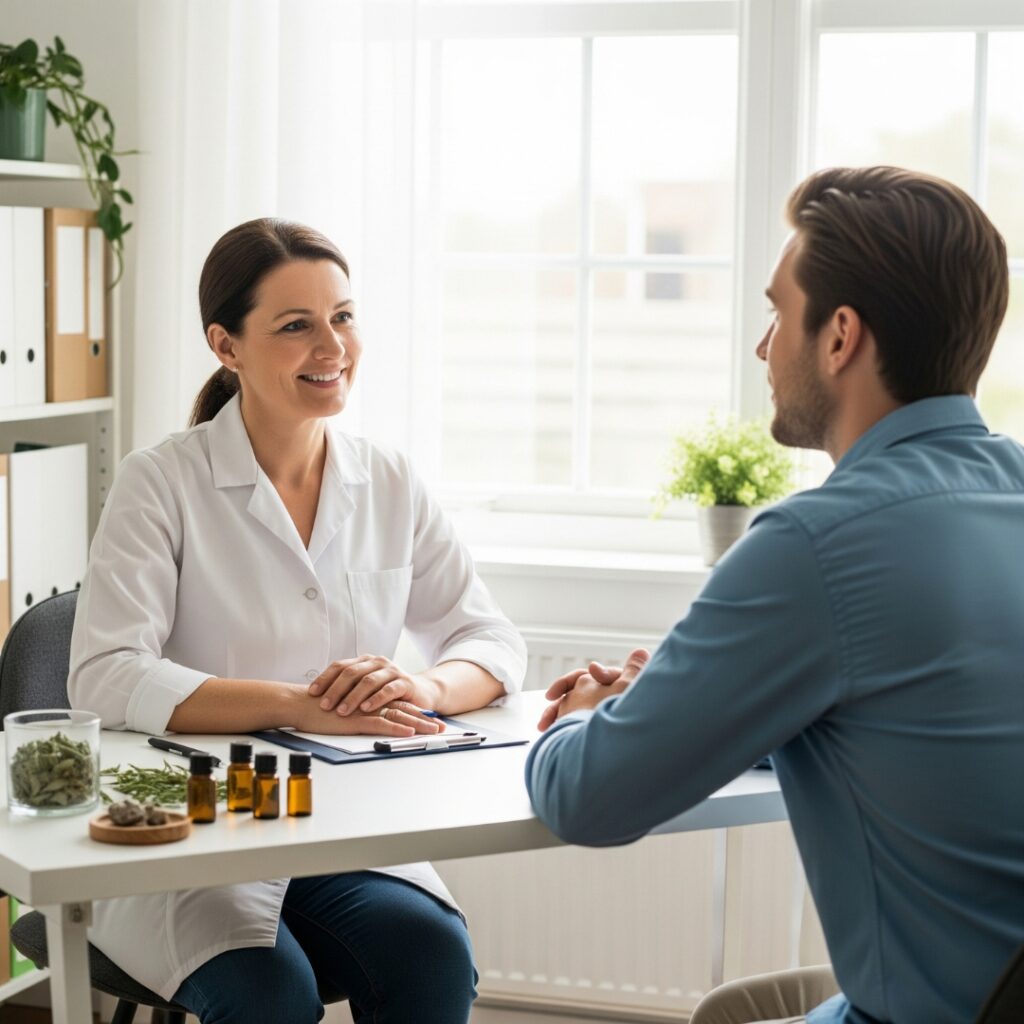 Holistic health practitioner consulting with a patient.