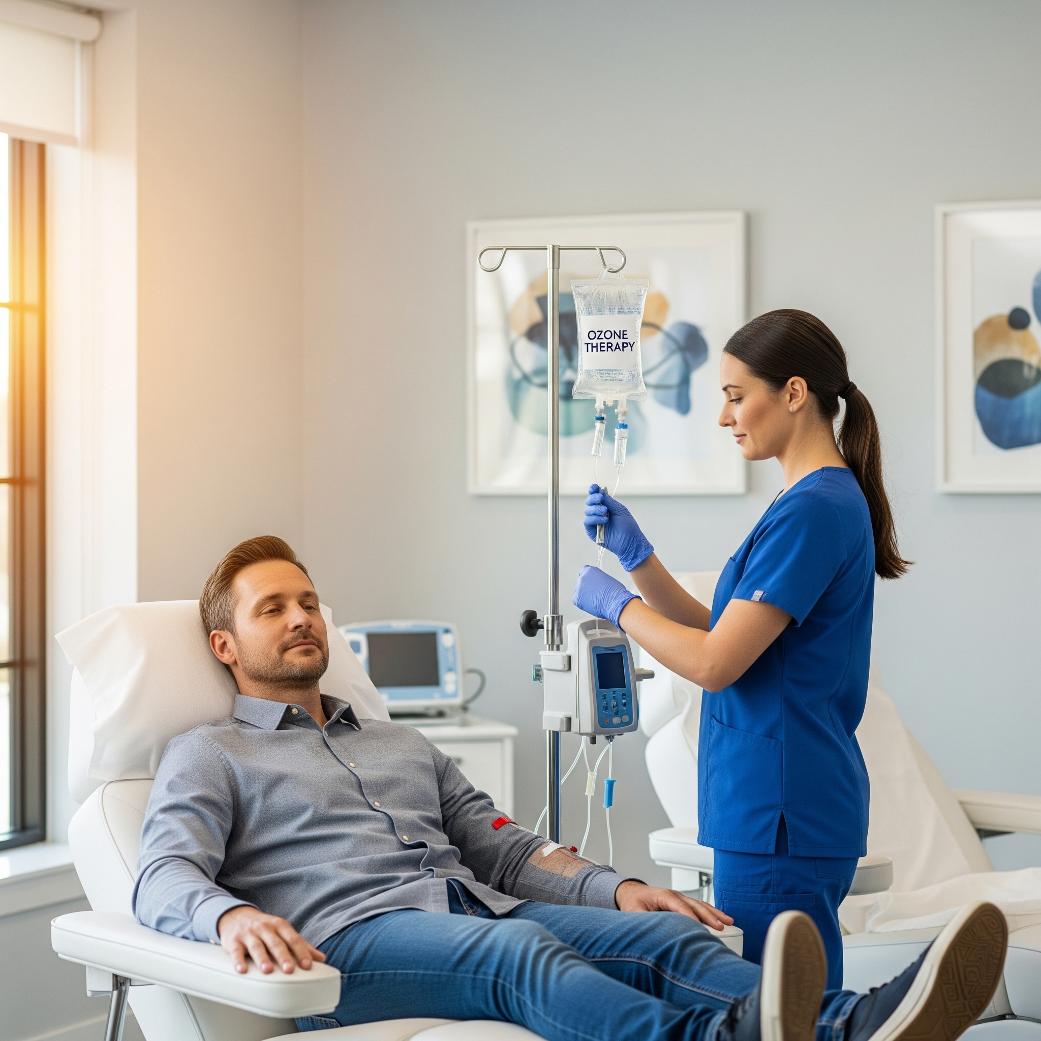 A patient receiving IV ozone therapy in a modern clinic.
