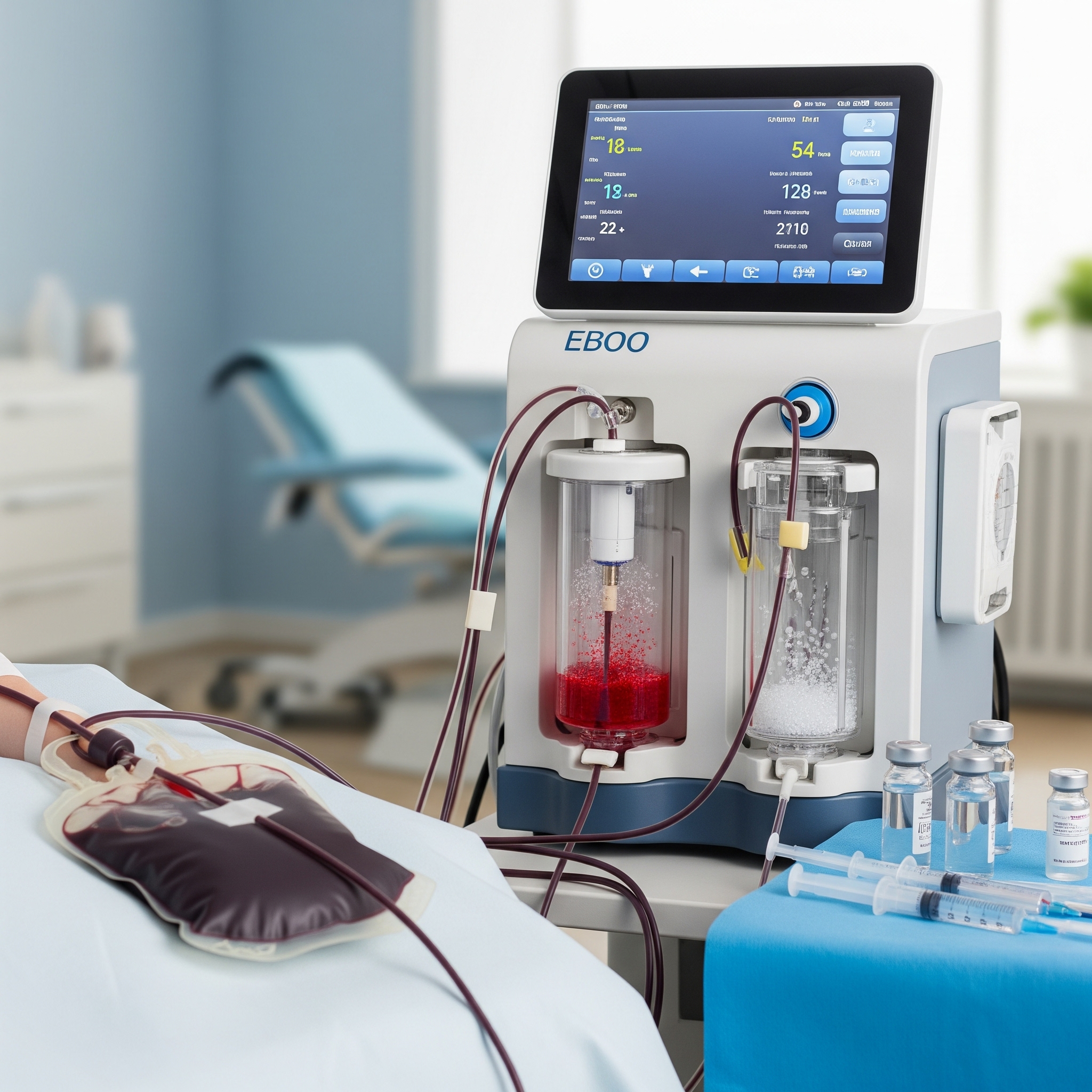 A professional, stock image style photograph showing the process of EBOO therapy, with a focus on the medical equipment.