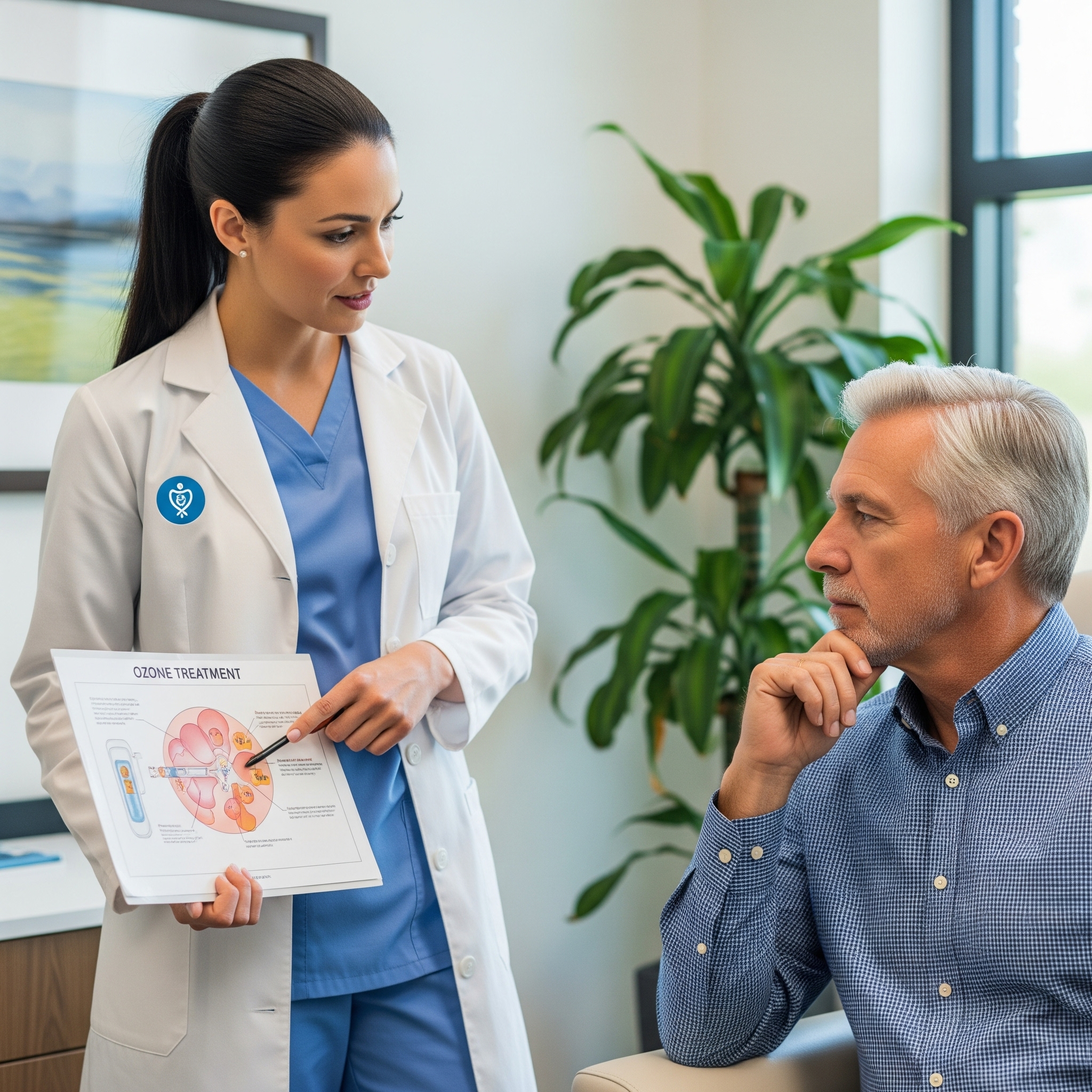 A professional, stock image style photograph of a healthcare provider explaining ozone treatment to a patient in an office setting.