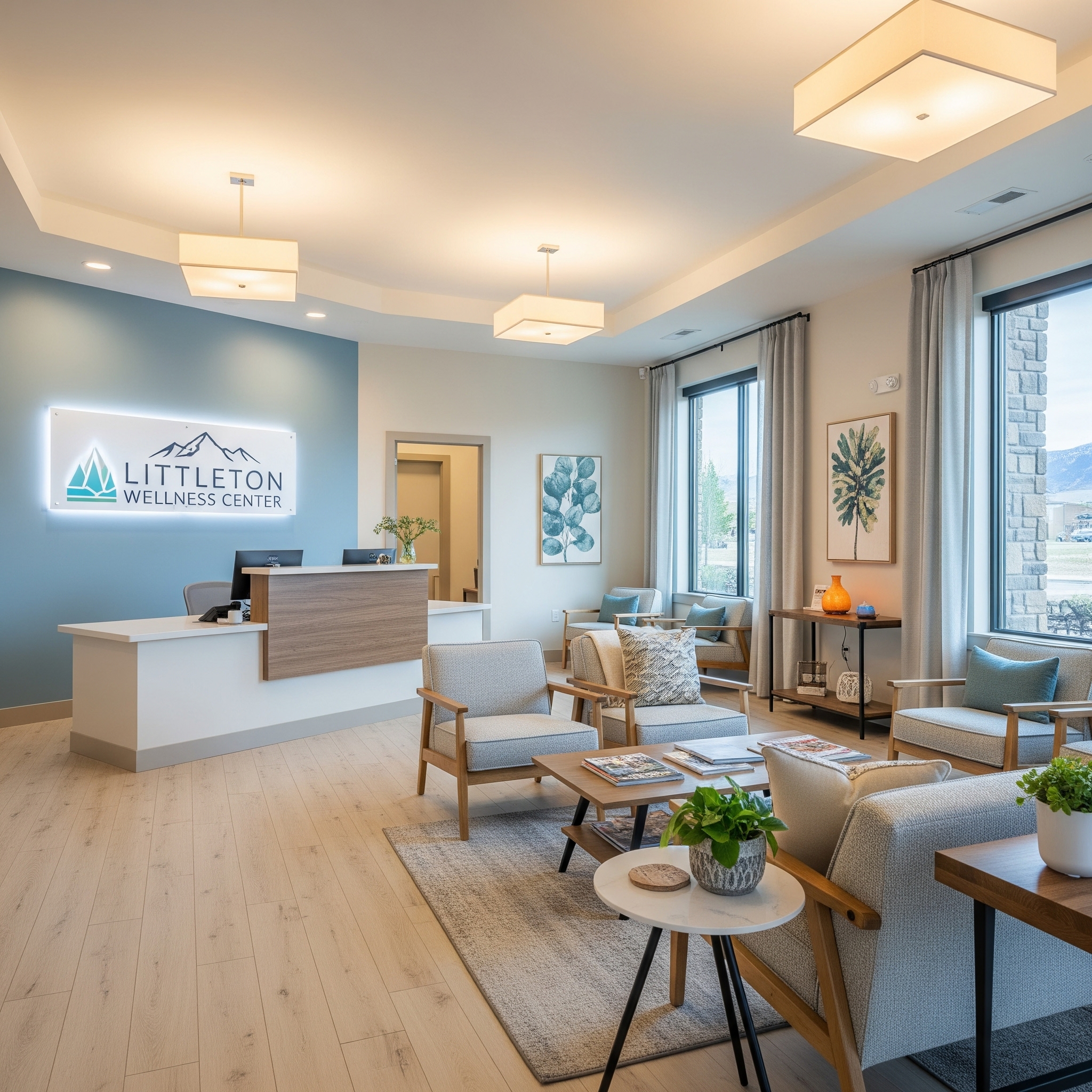 A professional, stock image style photograph of a modern, professional, and inviting clinic interior in Littleton, Colorado, representing the wellness center.