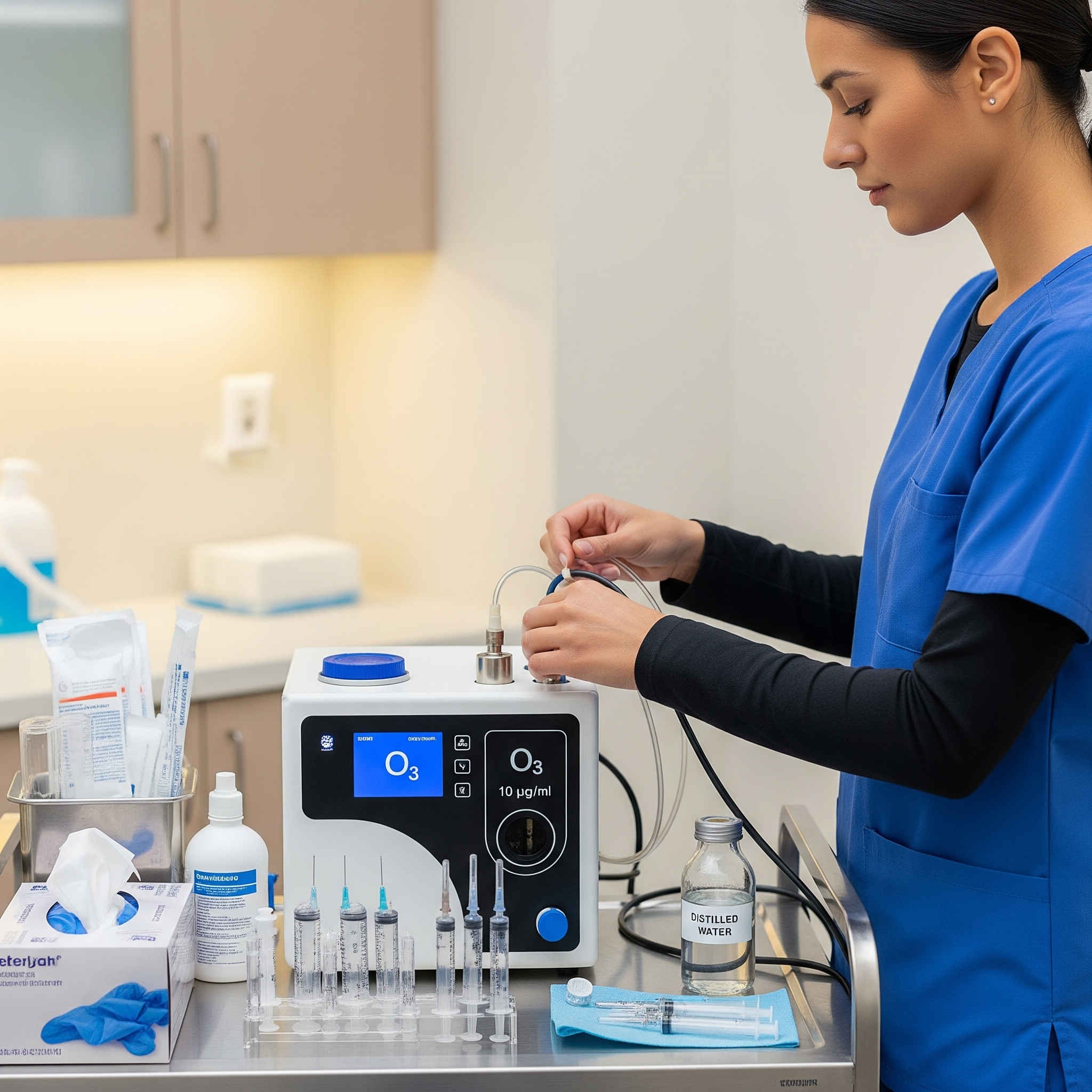 A professional stock image showing a healthcare professional preparing equipment for an ozone treatment.