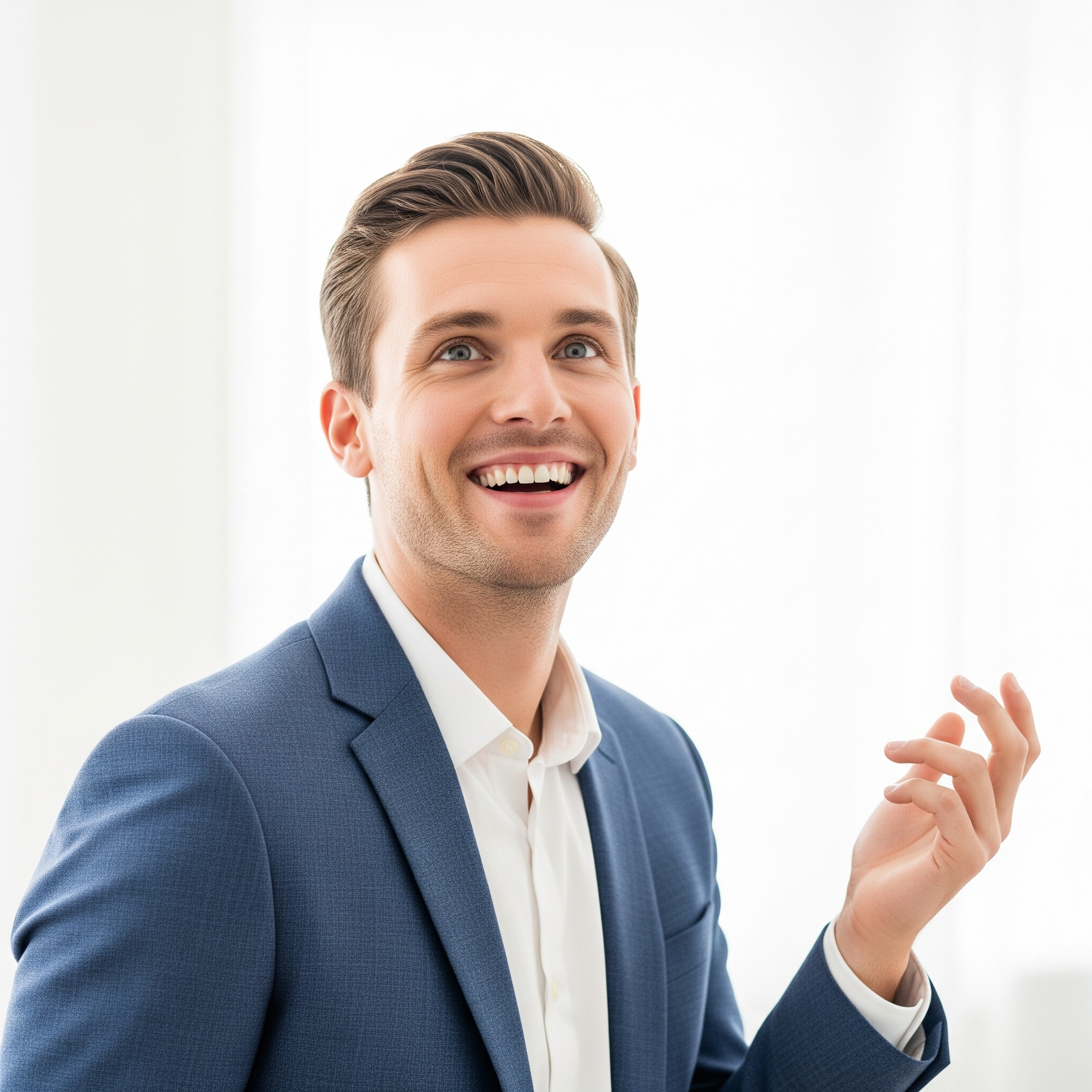 An energized person smiling in a bright, clean setting.