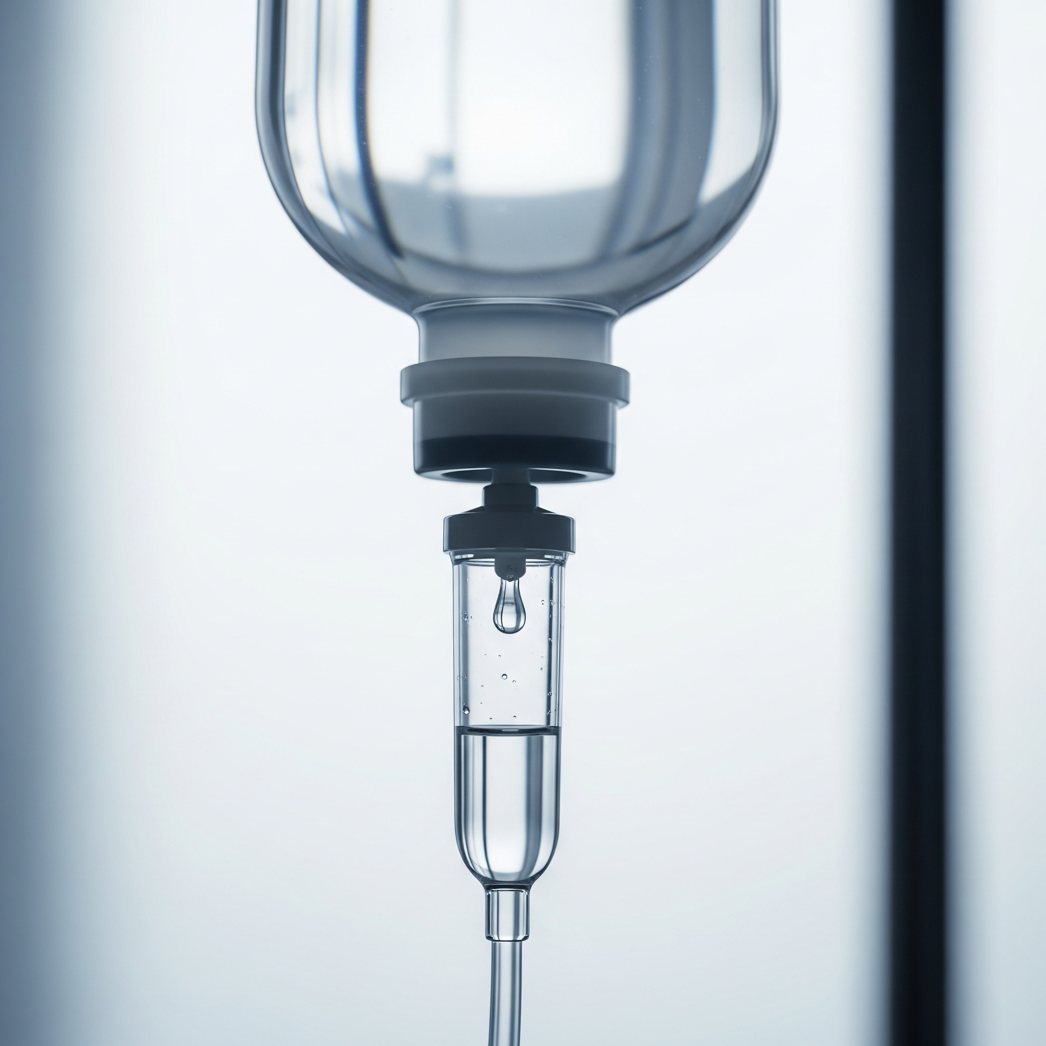 A close-up shot of an IV bag and tubing in a sterile medical setting.