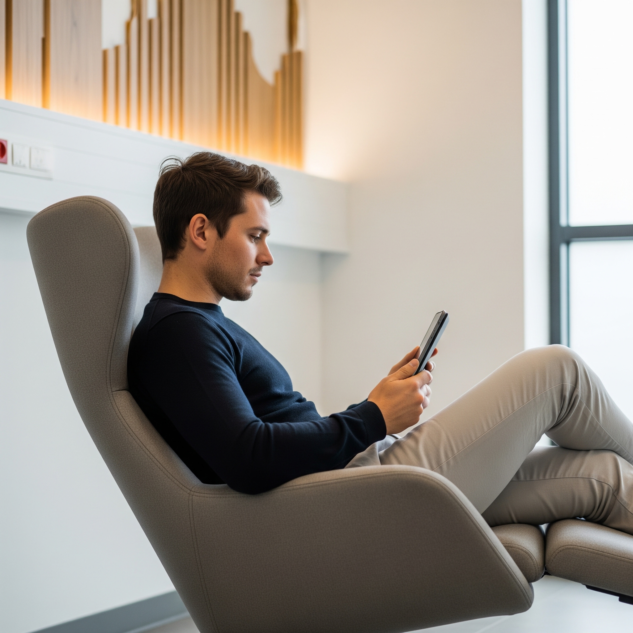 A person relaxing comfortably in a chair while looking at a tablet.