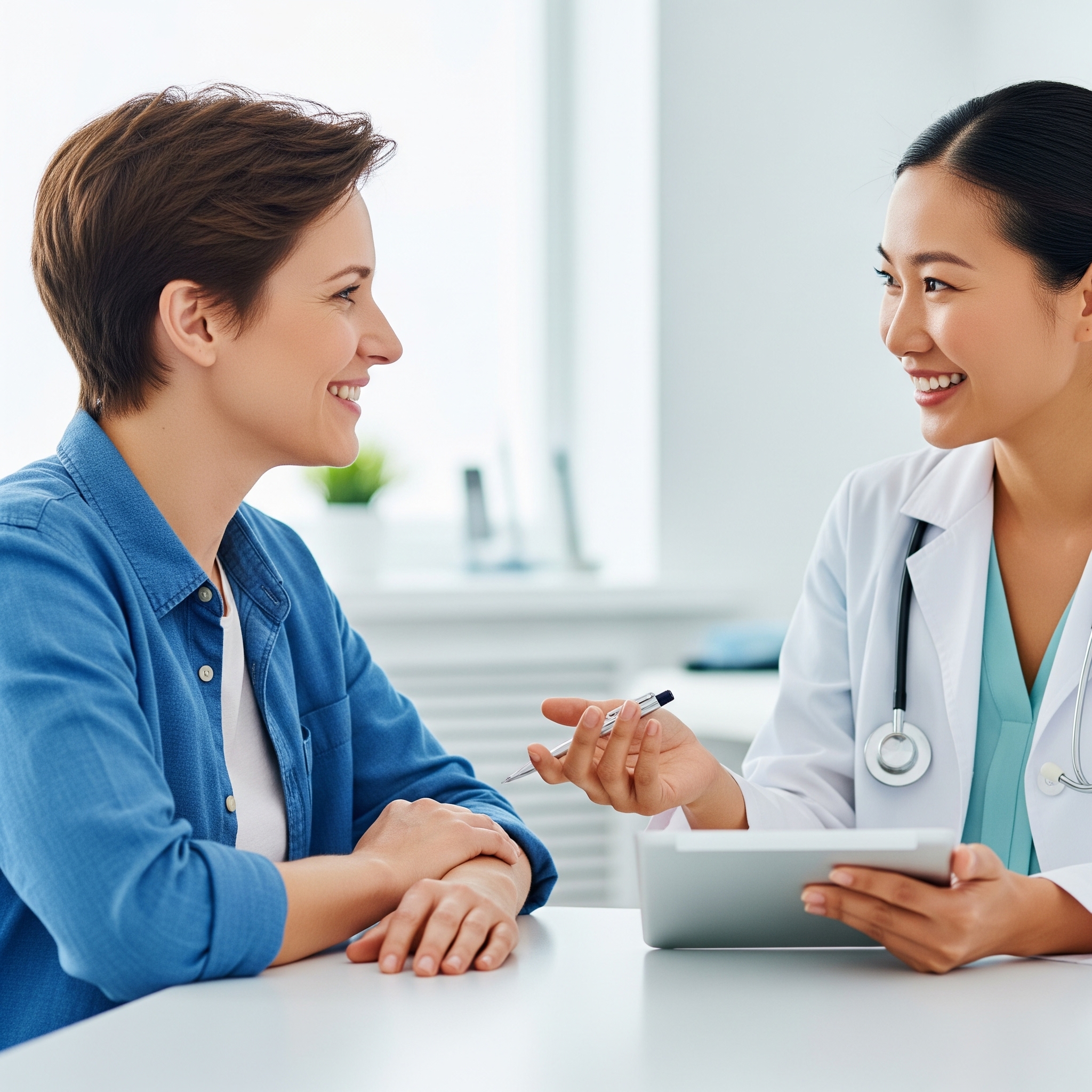 A patient smiling while talking to a healthcare professional.