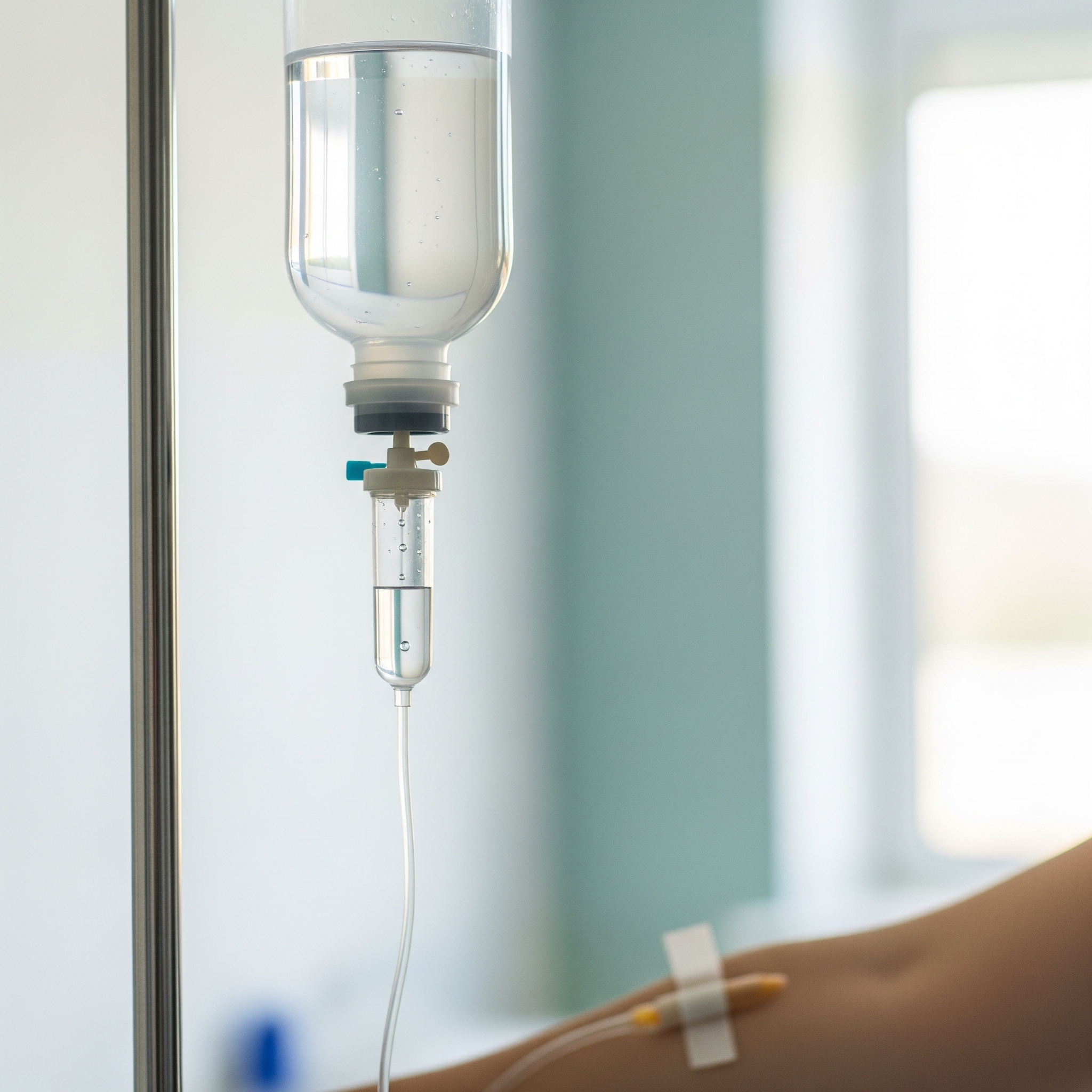 An IV drip setup in a clean, professional medical environment.