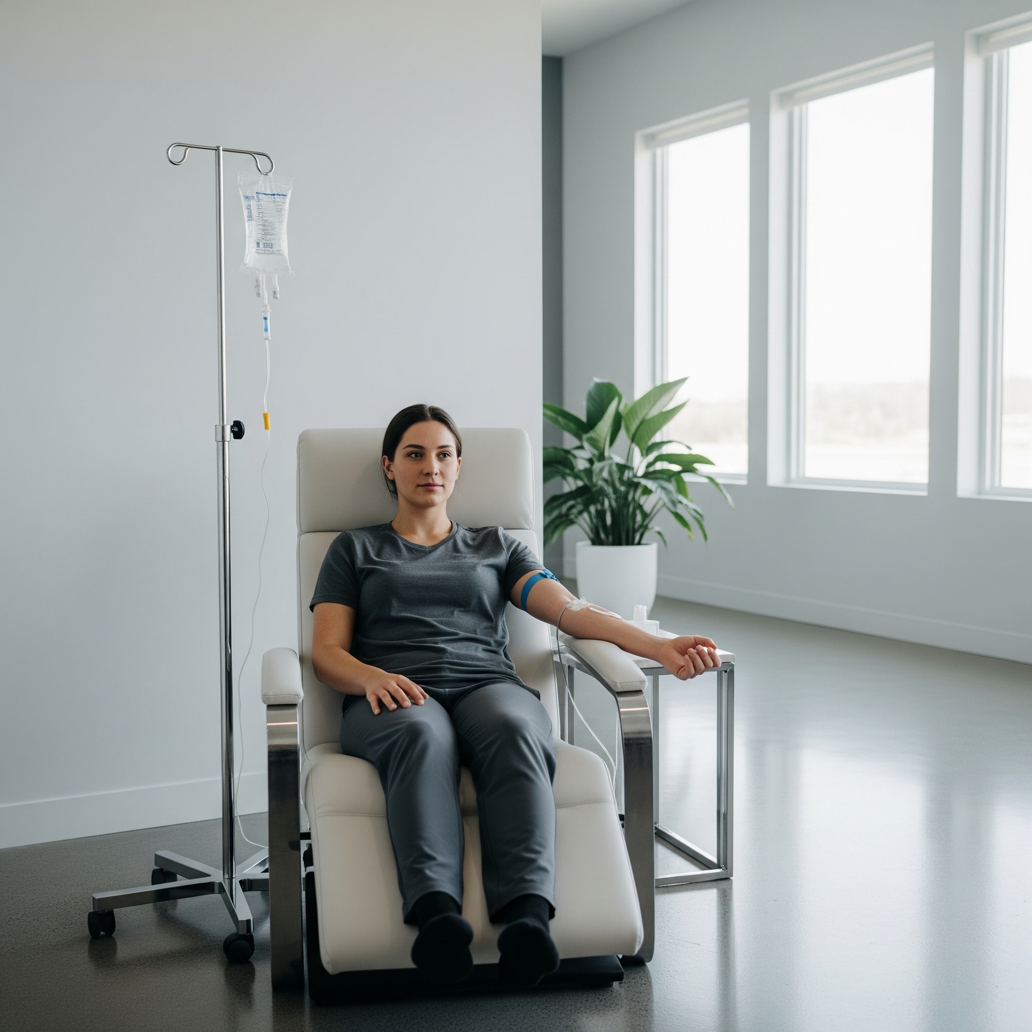 A person receiving IV therapy in a calm and clean clinic setting.