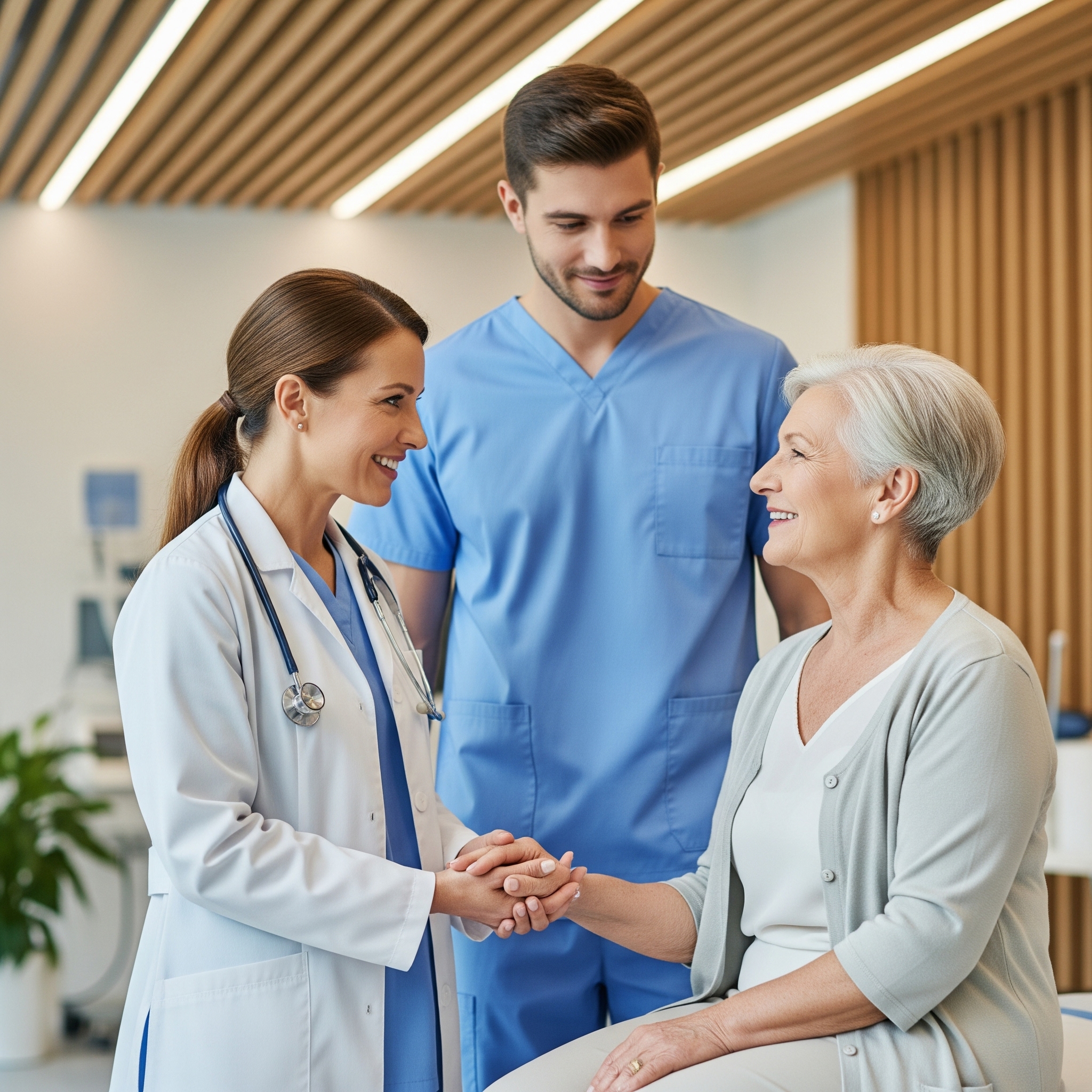 Medical professionals at a wellness center interacting with a patient.