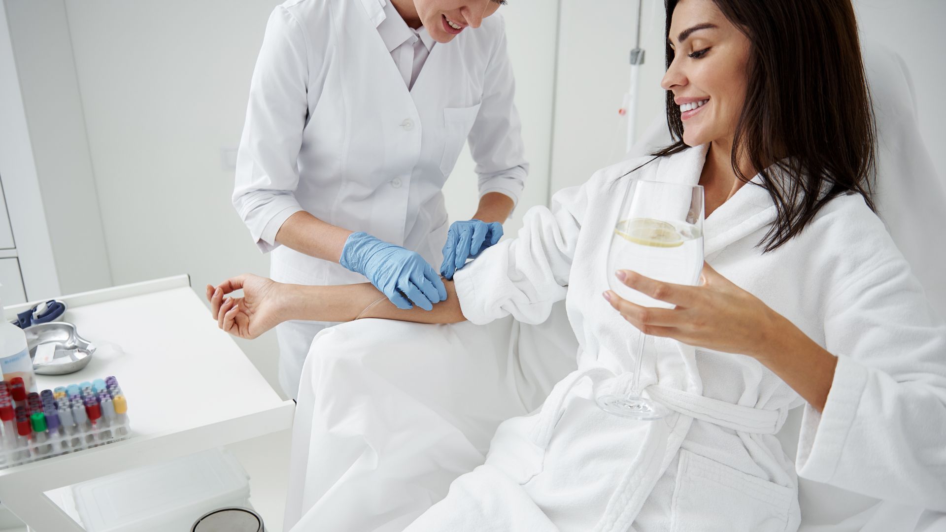 a woman getting an IV drip