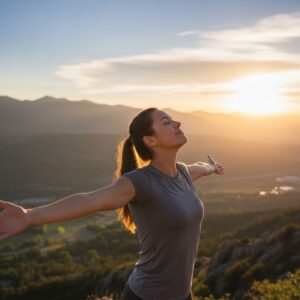 woman breathing deeply in the mountains