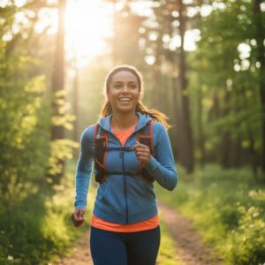woman running on a trail with boosted energy
