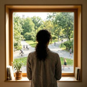 Person looking out a window symbolizing a return to an active lifestyle after recovery.