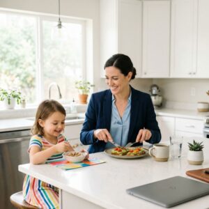 A working professional woman enjoys a healthy breakfast with her young child in a sunlit kitchen.