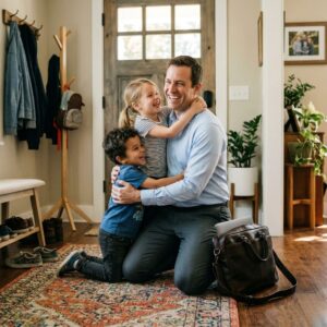 A working father energetically greets his children upon returning home in a cozy environment.