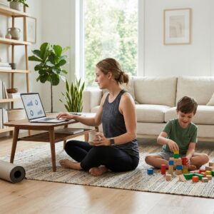 A working professional woman calmly balances work and family connection at home.