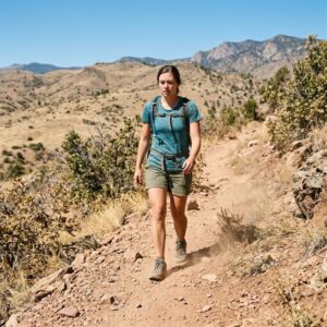 Hiker on a dry Colorado mountain trail representing high-altitude moisture loss.