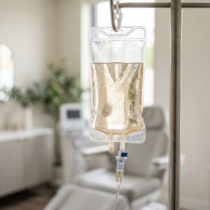 Close-up of a nutritional IV drip bag at a wellness center.