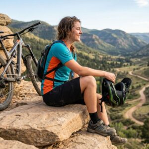 Energetic athlete recovering after a mountain bike ride in Colorado.