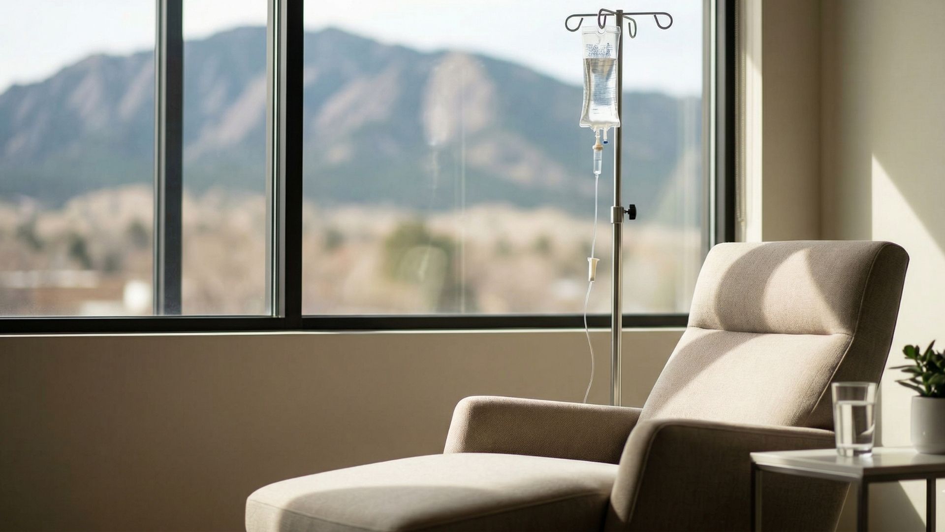 Modern IV therapy lounge at Arne Wellness Center with a view of the Colorado mountains.