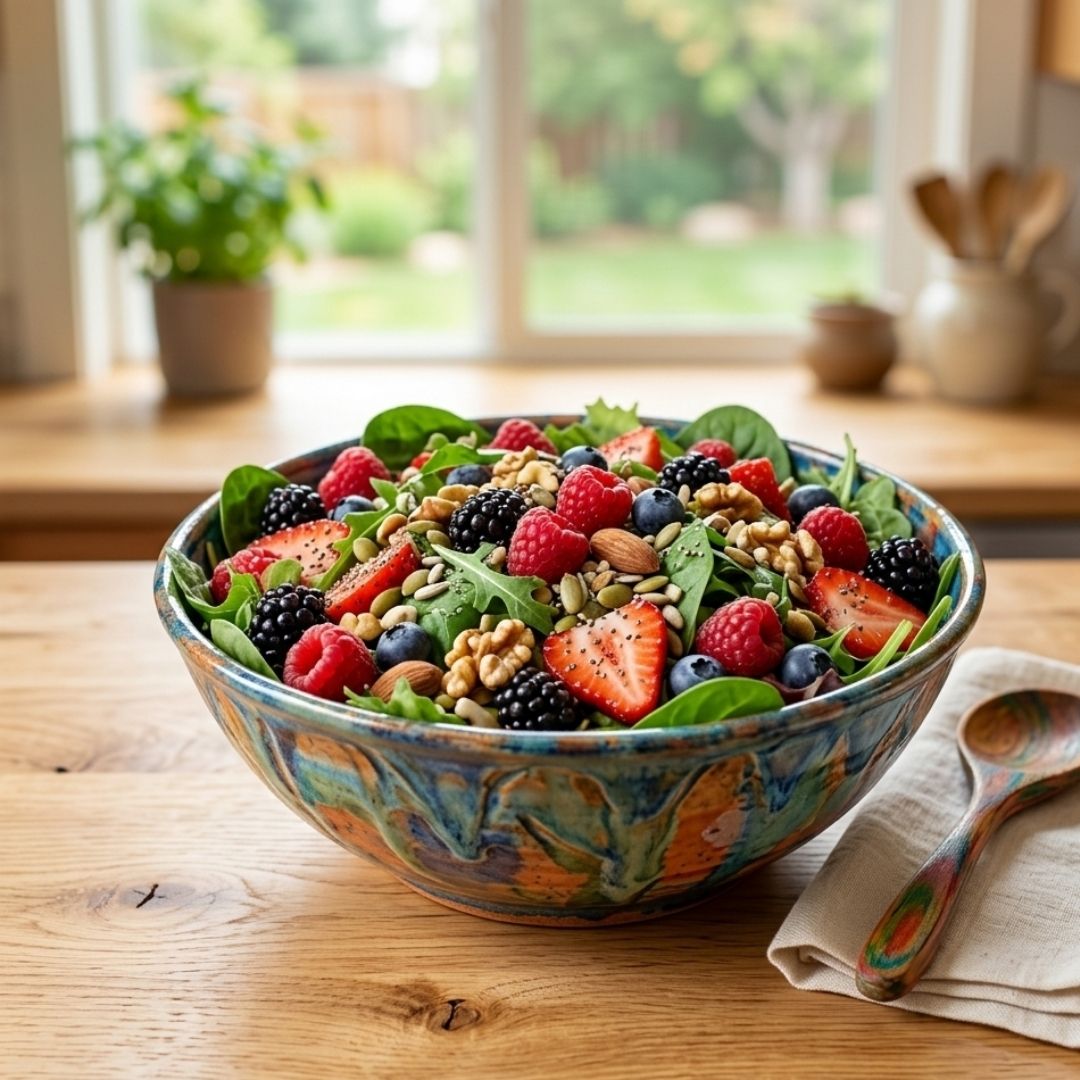 Fresh organic berries and leafy greens in a bowl on a wooden counter, highlighting natural nutritional support for health.