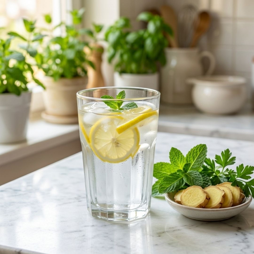 Glass of fresh lemon water with ginger slices on a marble surface, illustrating natural cellular detoxification strategies.