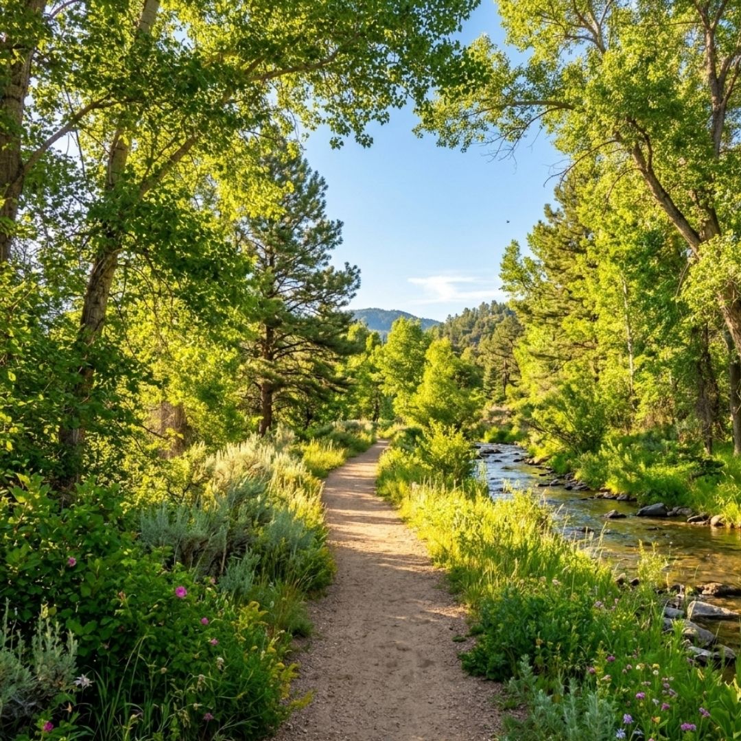 Peaceful sunlit nature trail surrounded by lush green trees, representing clarity, wellness, and a revitalized lifestyle.