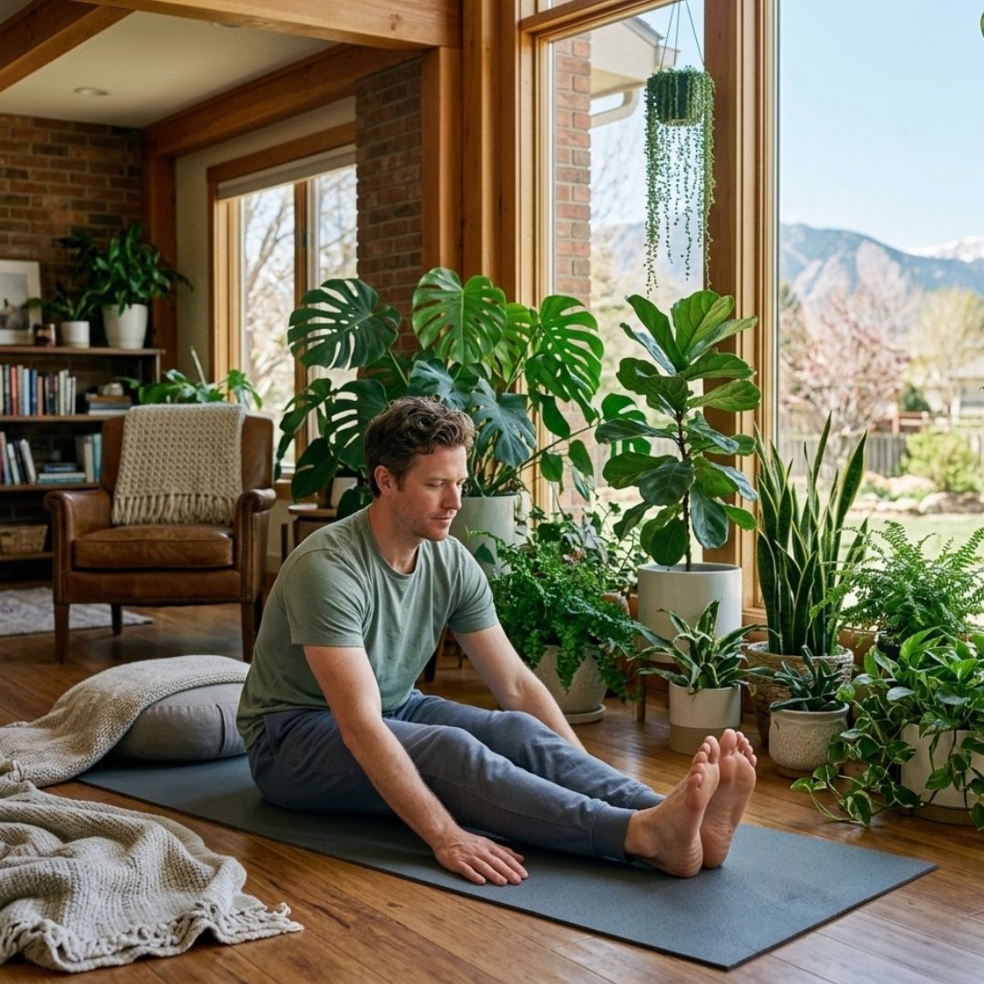 Calm person stretching on a yoga mat in a bright, plant-filled room, showing restored energy and physical well-being.