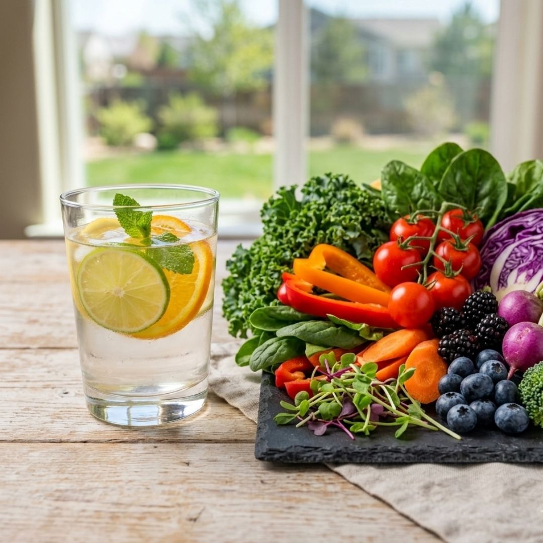 Fresh citrus water and organic vegetables, representing the foundation of natural wellness and holistic health maintenance.