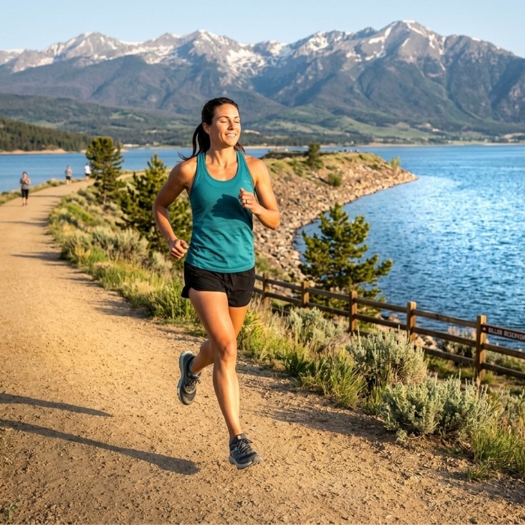 Athletic individual jogging confidently on a scenic path, showing peak physical resilience supported by natural wellness.
