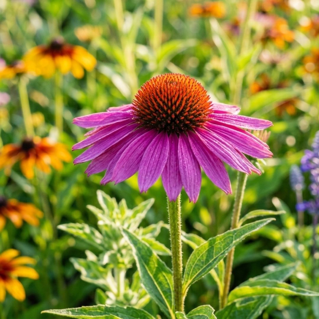 Vibrant blooming echinacea flower in a bright garden, symbolizing the powerful natural immune support of ozone therapy.